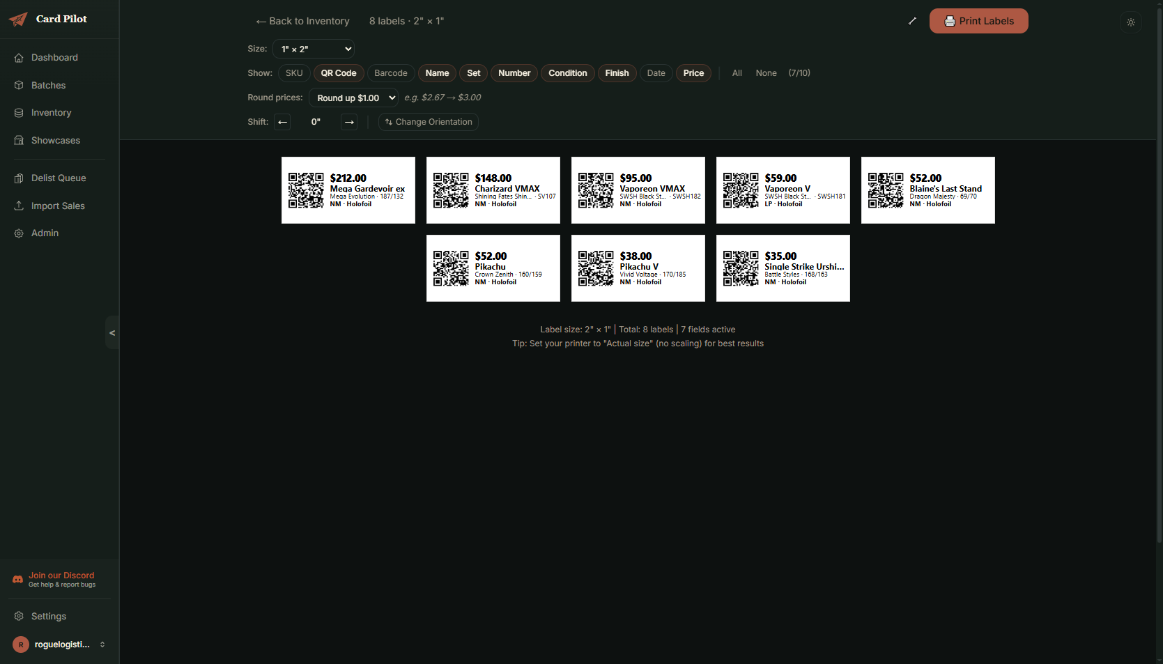 Card Pilot QR code label printing